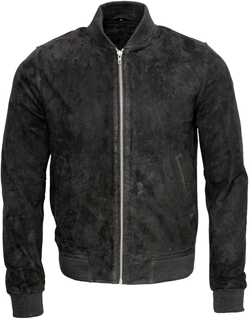Mens Retro Black Goat Suede Leather Bomber Varsity Jacket