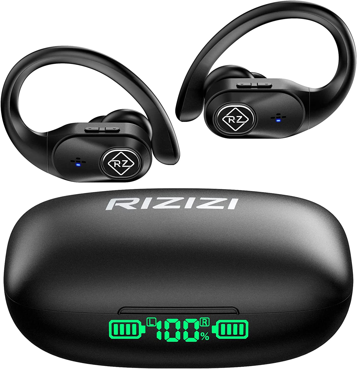 RIZIZI Wireless Earbuds Bluetooth Headphones with Wireless Charging Case and LED Digital Display 40hrs Playtime Built in Mic Waterproof Earphones with Over Earhooks Bass Sound Headset for Sport Gym