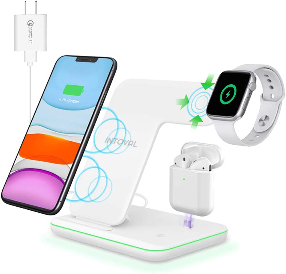 Intoval Wireless Charger, 3 in 1 Charger for iPhone/iWatch/Airpods, Qi-Certified Charging Station for iPhone 13/12/11/Pro/Max/XS/Max/XR/XS/X, iWatch 7/6/SE/5/4/3/2, Airpods Pro/3/2/1 (Z5,White)