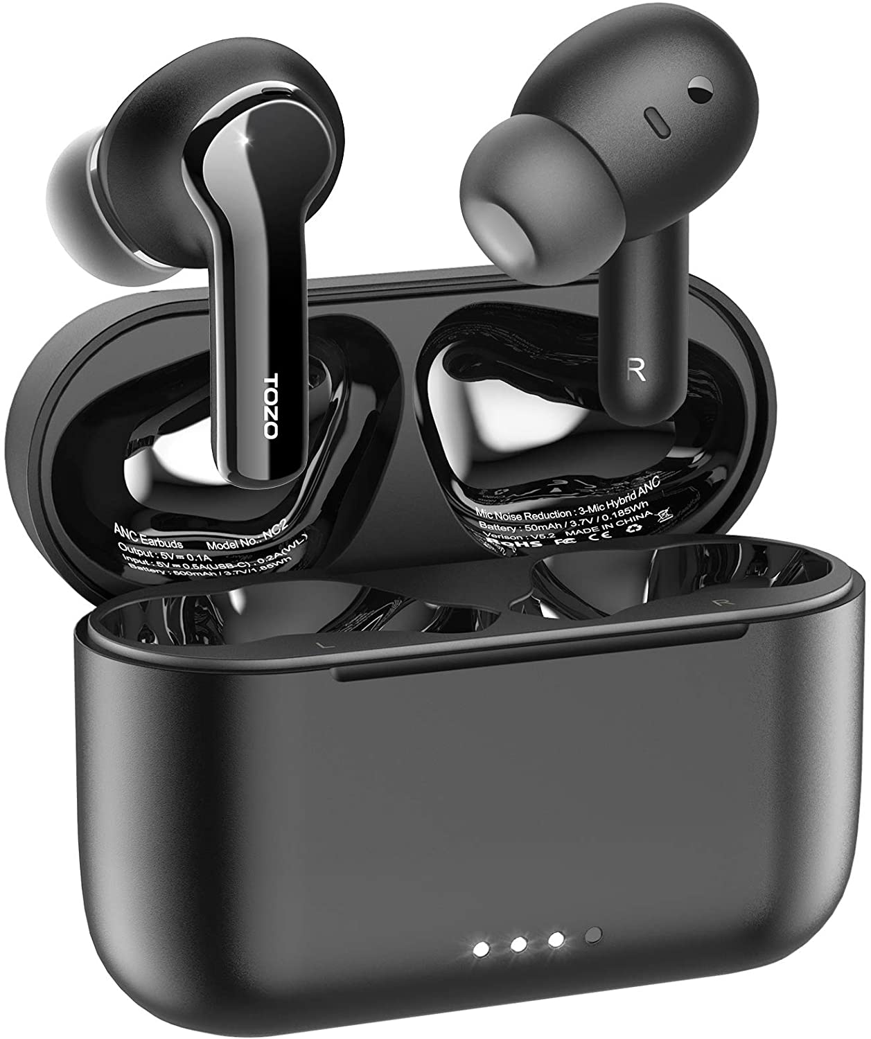 TOZO NC2 Hybrid Active Noise Cancelling Wireless Earbuds, in-Ear Detection Headphones, IPX6 Waterproof Bluetooth 5.2 Stereo Earphones, Immersive Sound Premium Deep Bass Headset, Black