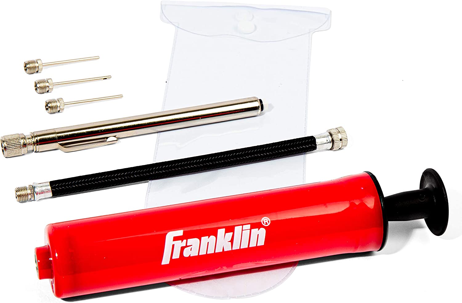 Franklin Sports Ball Pump Kit -7.5" Sports Ball Pump with Needle - Perfect for Basketballs, Soccer Balls and More - Complete Hand Pump Kit with Needles, Flexible Hose, Air Pressure Gauge and Carry Bag
