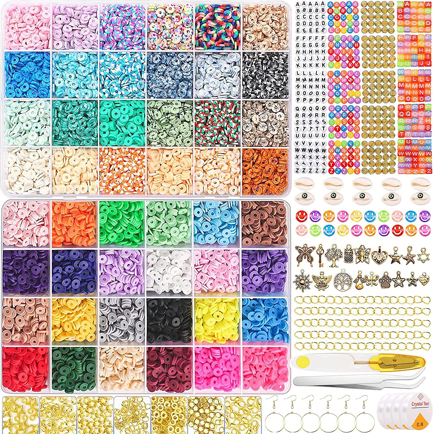 11000 PCS Polymer Clay Beads for Bracelet Making ,48 Colors 6mm Heishi Beads kit with 312PCS Letters Beads 20PCS Smiley Beads 38PCS Pendant 4 Roll Elastic Strings Flat Beads for Jewelry Making