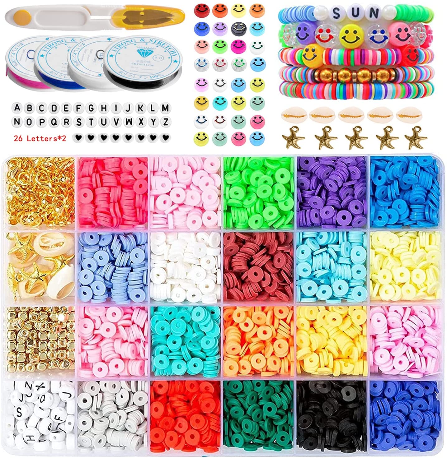 SUCOJRFF 5000pcs Flat Clay Heishi Beads with Smiley Face Beads for Jewelry Bracelets Making Kit, DIY Arts and Crafts Gift for Kids Age 3-12, Toy Gift for Girls and Boys
