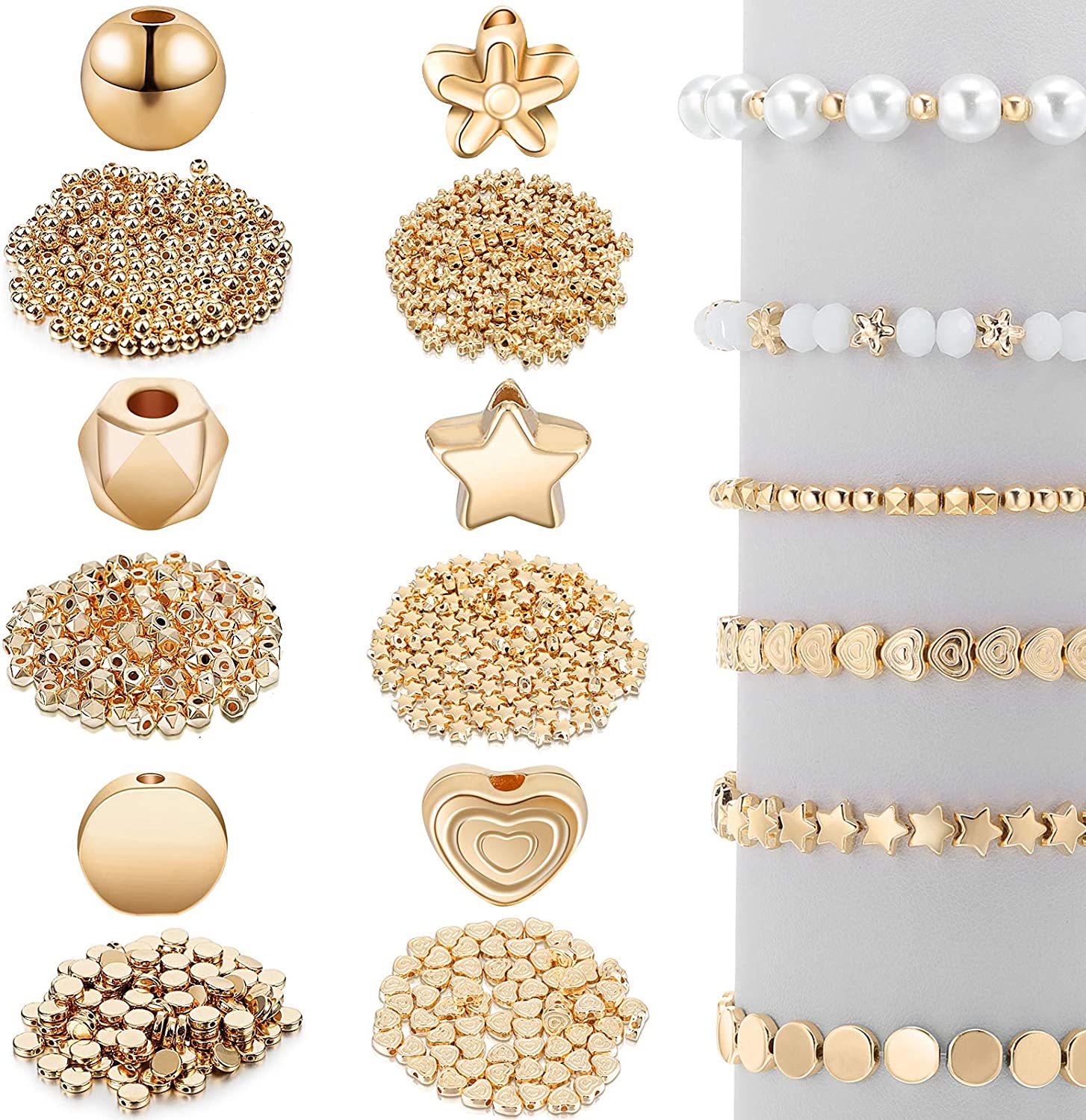 1200 Pieces Spacer Beads Set Star Beads Round Ball Beads Rondelle Faceted Spacer Beads Heart Beads Flower Beads Flat Disc Beads Loose Beads for Bracelet Earring Necklace Jewelry Making (Gold)