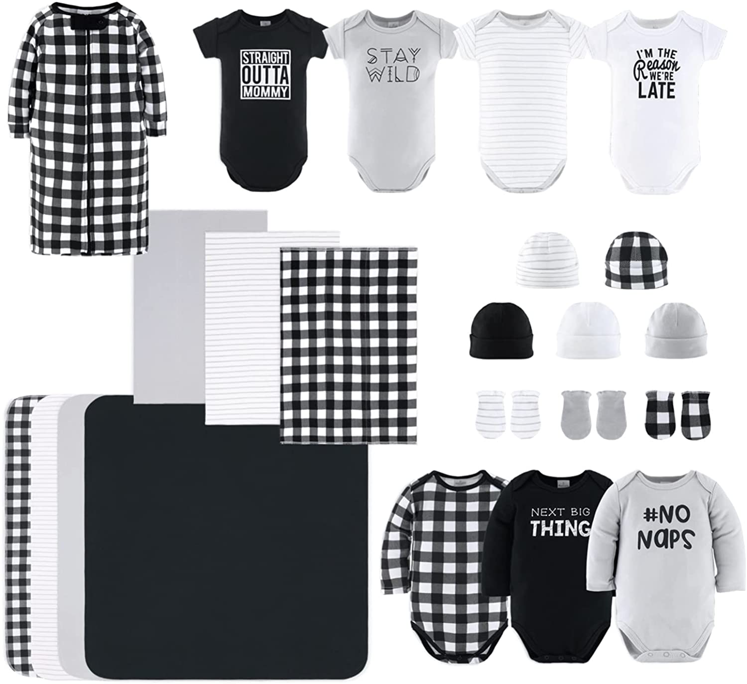 The Peanutshell Newborn Layette Gift Set for Baby Boys or Girls | 23 Piece Newborn Clothes & Accessories Set | Fits Newborns to 3 Months | Black Plaid