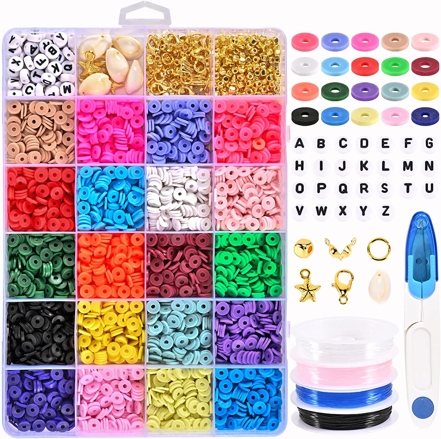 Marksle Polymer Clay Beads For Bracelets Making – 4500 Pcs Clay Bead Kit with 6mm Beads, Elastic Cords, Square and Letter Beads, Rings – Clay Beads Kit for Jewelry Making & Arts - Ideal Christmas Gift