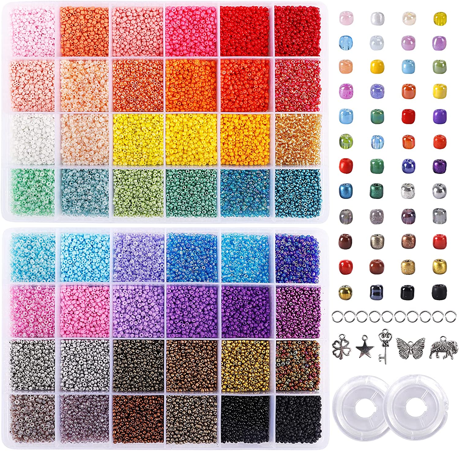 Quefe 44000pcs 2mm 12/0 Bracelet Glass Seed Beads, 48 Colors Small Beads, Craft Beads kit for Jewelry Making, with 2 Storage Boxes, Charms, Jump Rings and Clear Elastic String Cord