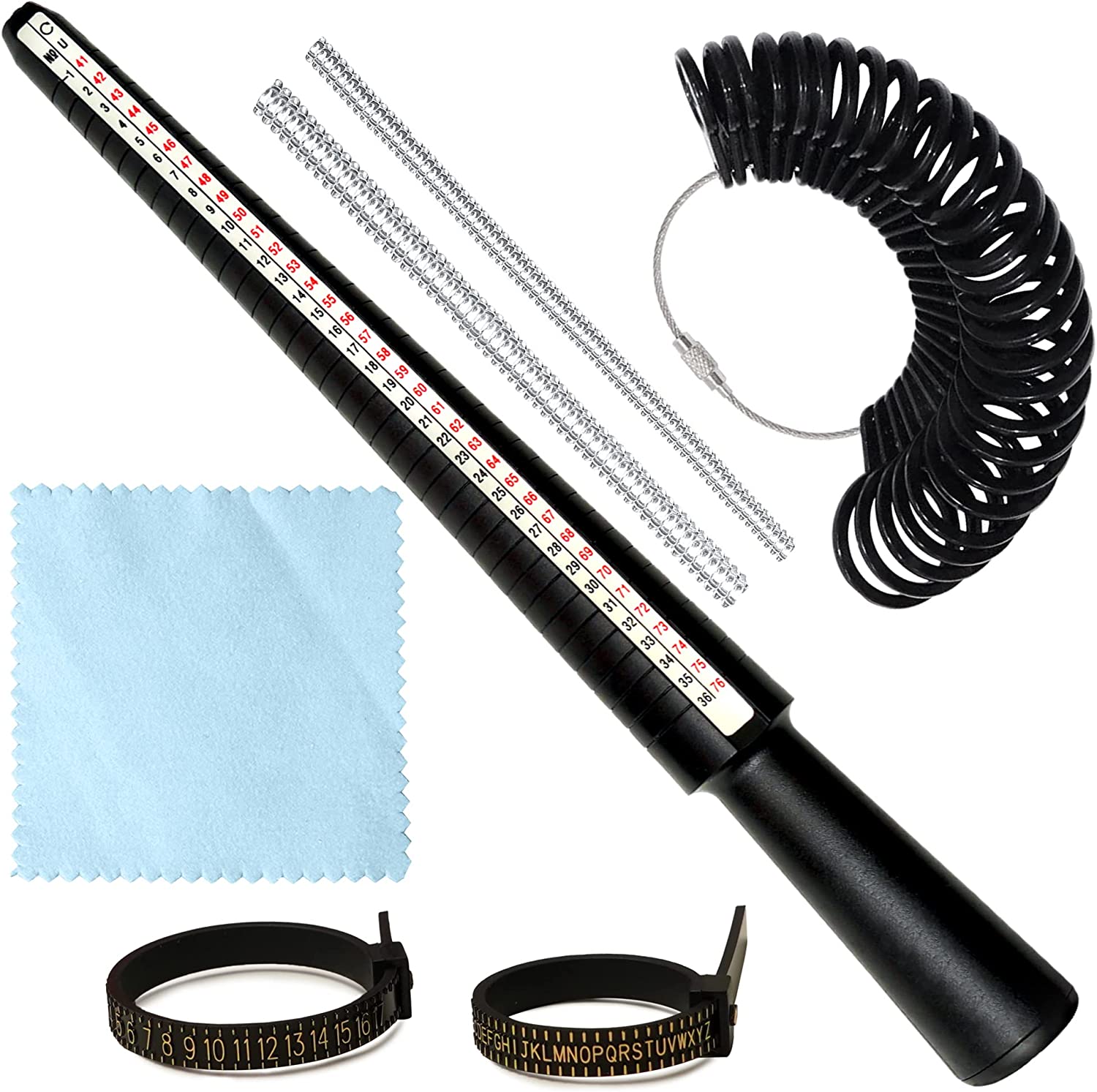 SEYHR Ring Sizer Measuring Tool Set with Ring Mandrel US Size 1-13 EU 41-76 Black Ring Sizing Kit & Transparent Ring Sizer Adjuster for Loose Rings with Microfiber Polishing Cloth