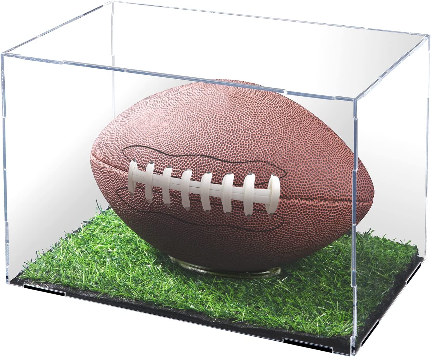 Upgraded Assemblable Acrylic Football Display Case- Clear Football Storage Box Grandstand Football Showcase with Artificial Grass Pad & Black Base & Oval Ball Holder for Sport Lover Football Display