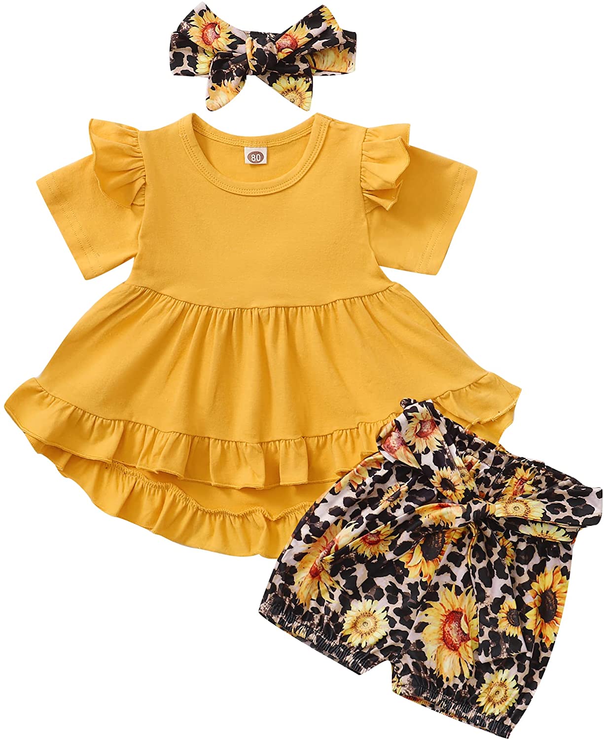 Kucnuzki Toddler Baby Girl Clothes Ruffle Short Sleeve Shirt Tops Floral Shorts Set Outfit with Headband Summer Clothing