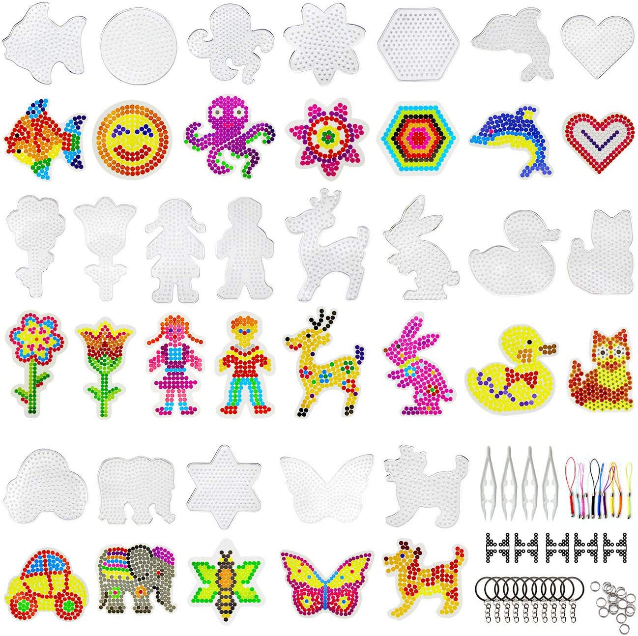 20 PCS 5mm Fuse Beads Boards Clear Plastic Fuse Beads Pegboards with 20 Colorful Cards, 4 Tweezers, 10 Hang Ropes, 10 Keychains, 20 Small Hoops and 10 Holders for Kids DIY Craft Beads