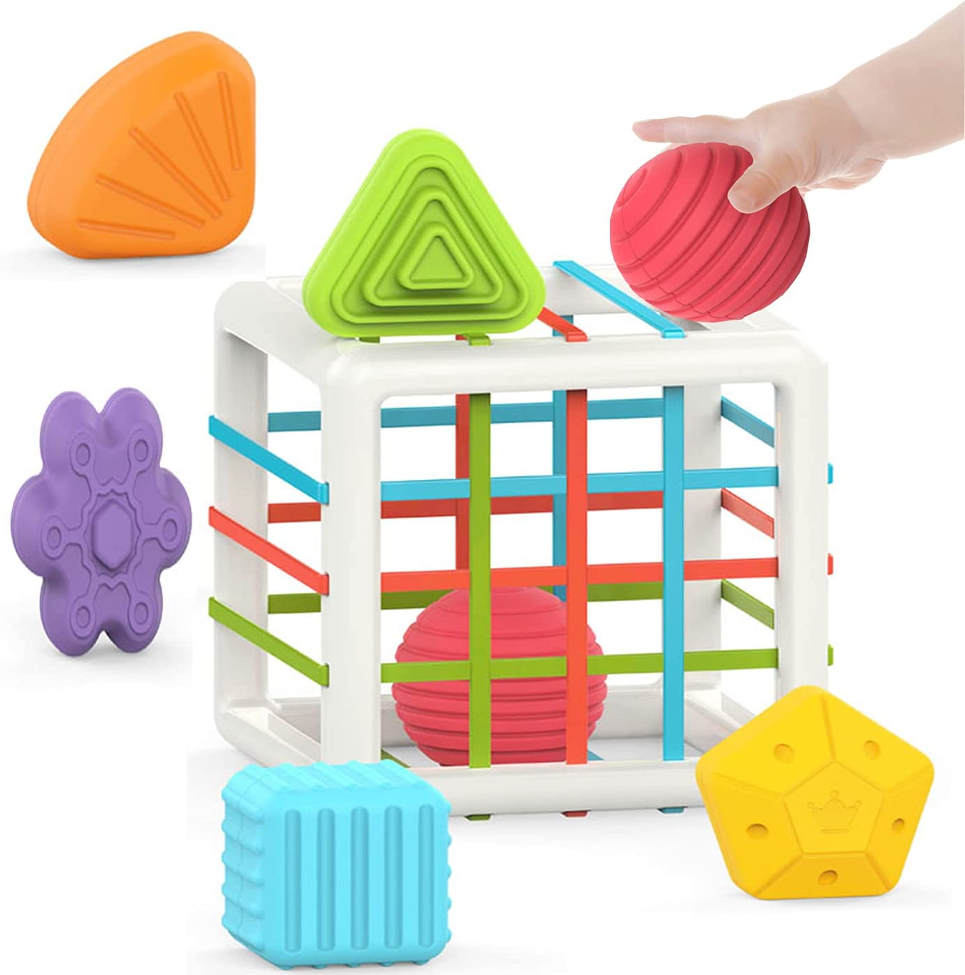 MINGKIDS Montessori Toys for 1 Year Old,Baby Sorter Toy Colorful Cube and 6 Pcs Multi Sensory Shape,Developmental Learning Toys for Girls Boys Easter Gifts,Baby Toys 6-12-18 Months