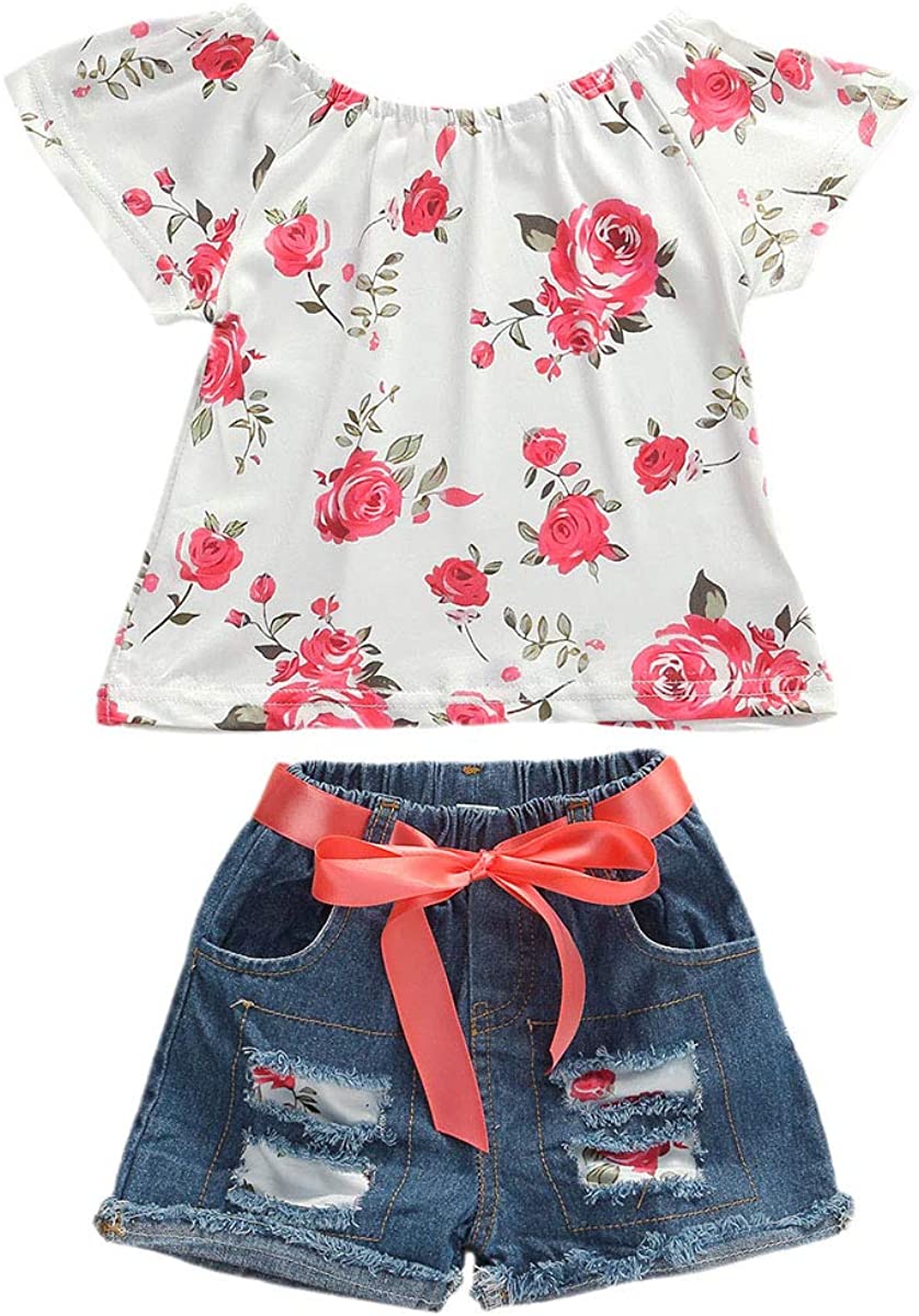 Baby Toddler Girls Floral Short Sleeve Tops T-Shirt Vest & Denim Shorts Set Kids 1T 2T 3T 4T 5T 6T Clothes Summer Outfits