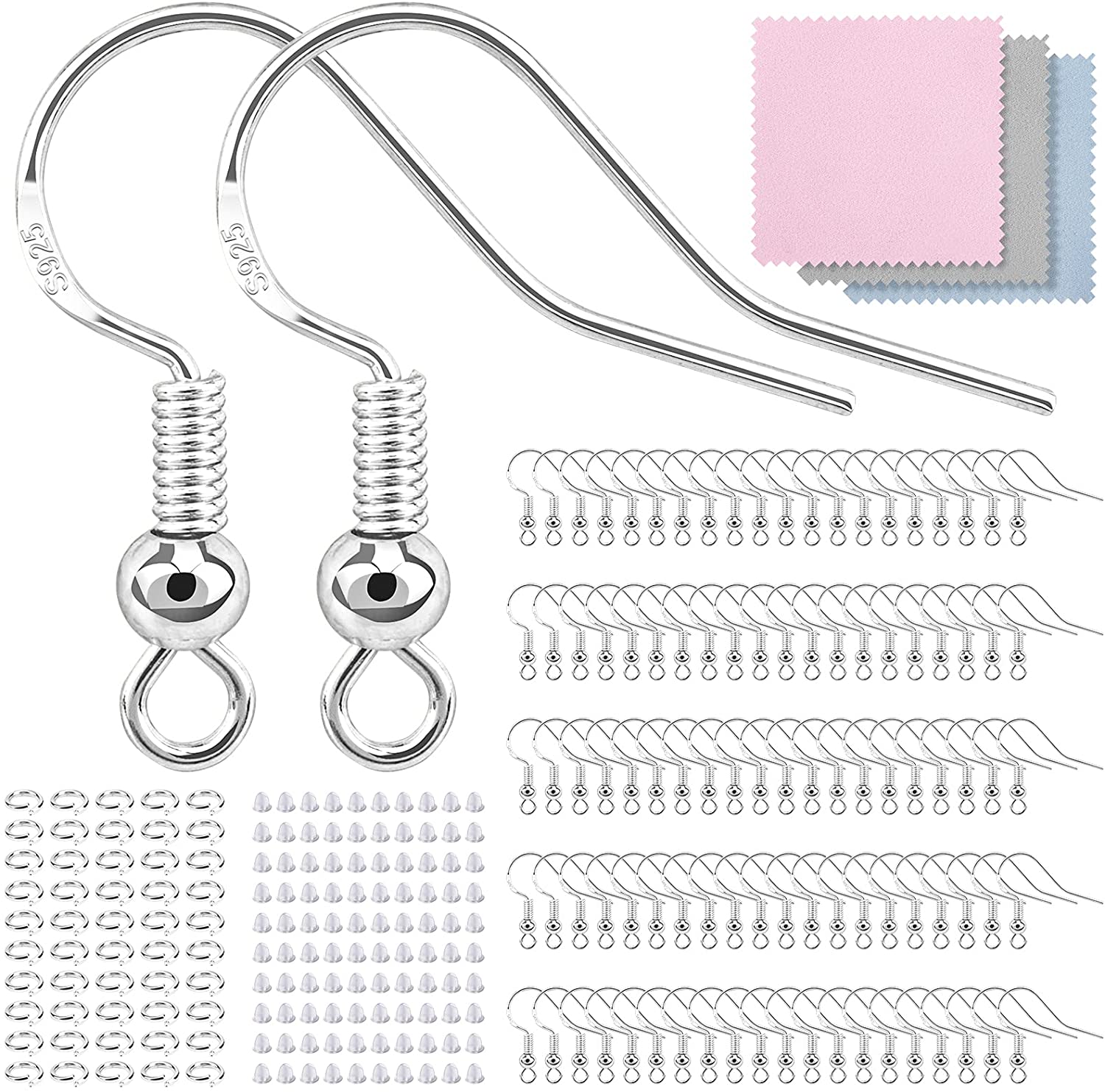 100 PCS/50 Pairs Earring Hooks, 925 Sterling Silver Hypoallergenic Earring Hooks for Jewelry Making, 300 PCS Upgraded Earring Making kit, Earring Making Supplies with Earring Backs and Jump Rings