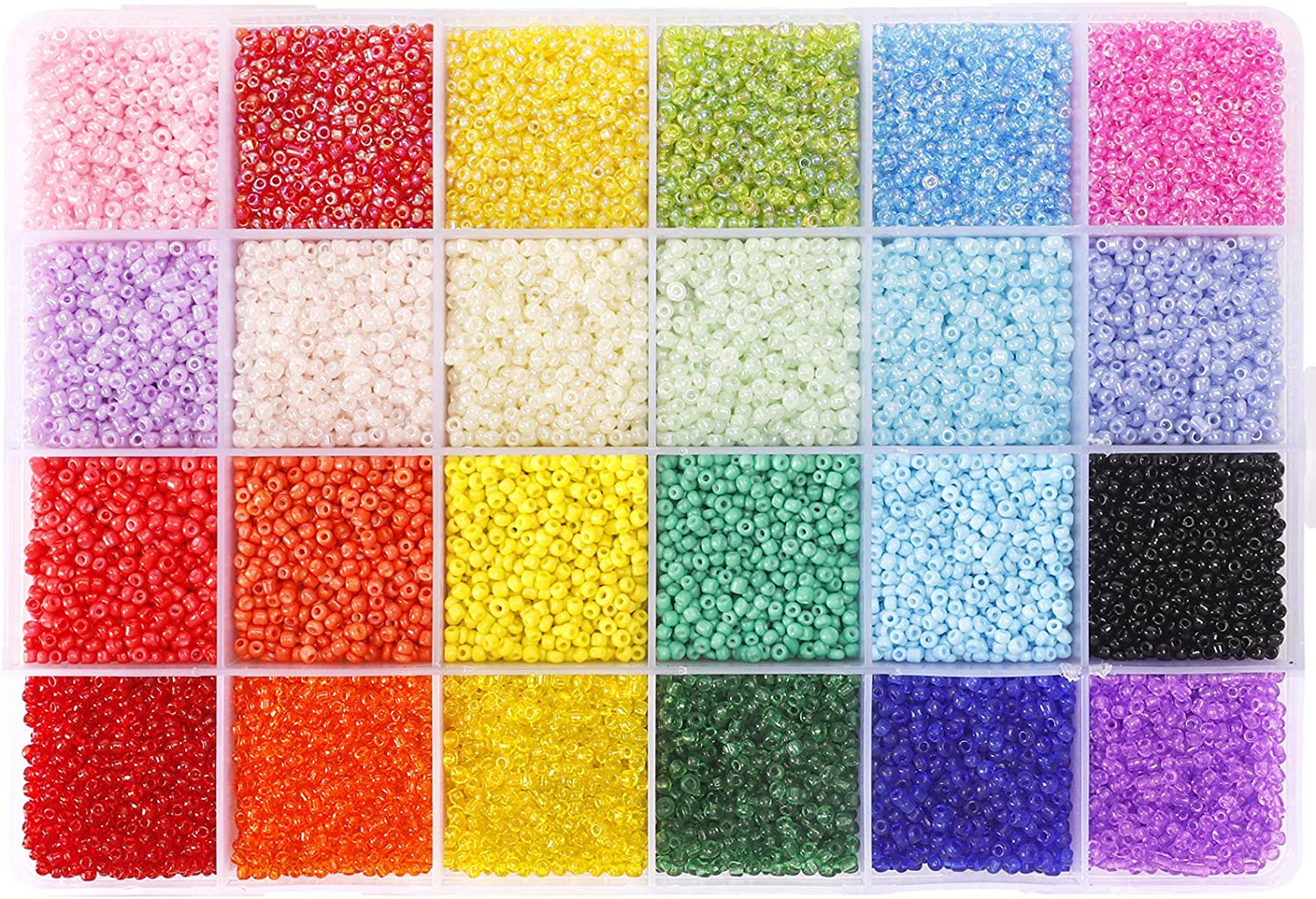 Quefe 26400pcs 2mm Glass Seed Beads 24 Colors Small Beads Kit Bracelet Beads with 24-Grid Plastic Storage Box for Jewelry Making