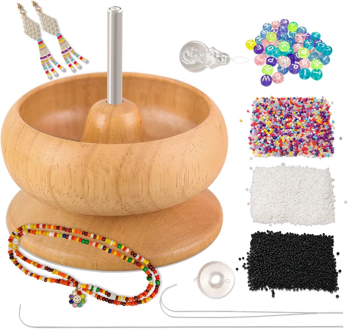 The Hobbyworker Upgrade Version Wooden Bead Spinner with 2 Pcs Big Needles,8000 Pcs Seed Beads and 1 Surprise Gift Pack for Jewelry Making Tools,Quickly Stringing Beads Tool