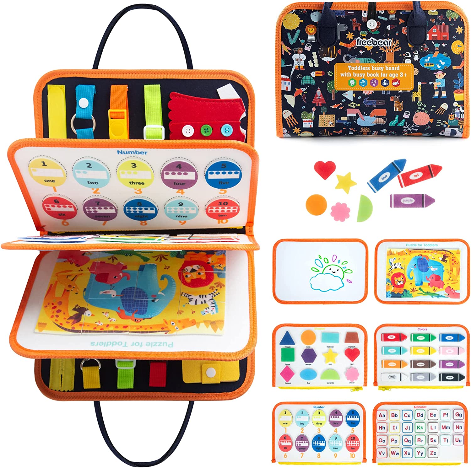 Freebear Busy Board, Toddler Travel Toys, Quiet Book with DIY Page, Sensory Toys for Toddlers 1 2 3, Montessori Toys for Toddler Activities Board, Educational Toys for 1 Year Old Girls Boys Gift