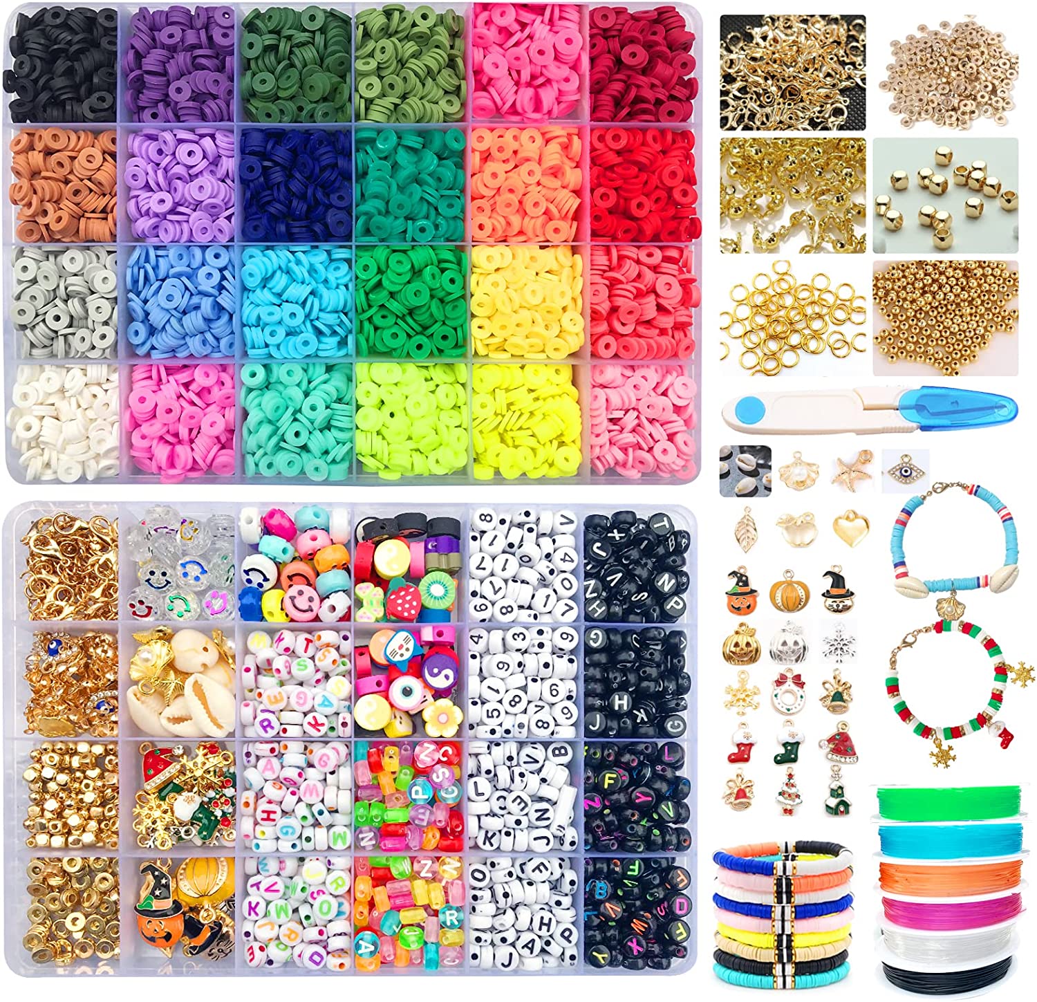 6Mm 5200Pcs Premium Polymer Clay Beads for Bracelets 24 Bright Colors with 900 Pcs Letter Beads ,Pieces Acrylic Smiley Face Beads,Fruit Clay Beads， Pendants,for Kids Adults Jewelry Making.