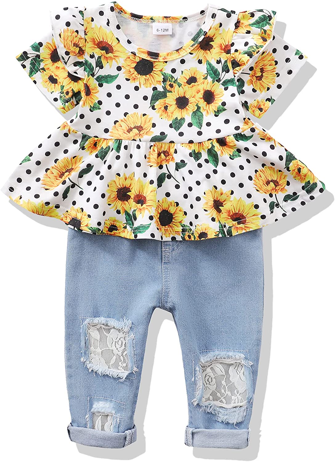 Baby Girl Clothes Infant Toddler Denim Girl Outfits Cute Ruffle Top Ripped Denim Jeans Pants Sets 6M-4T