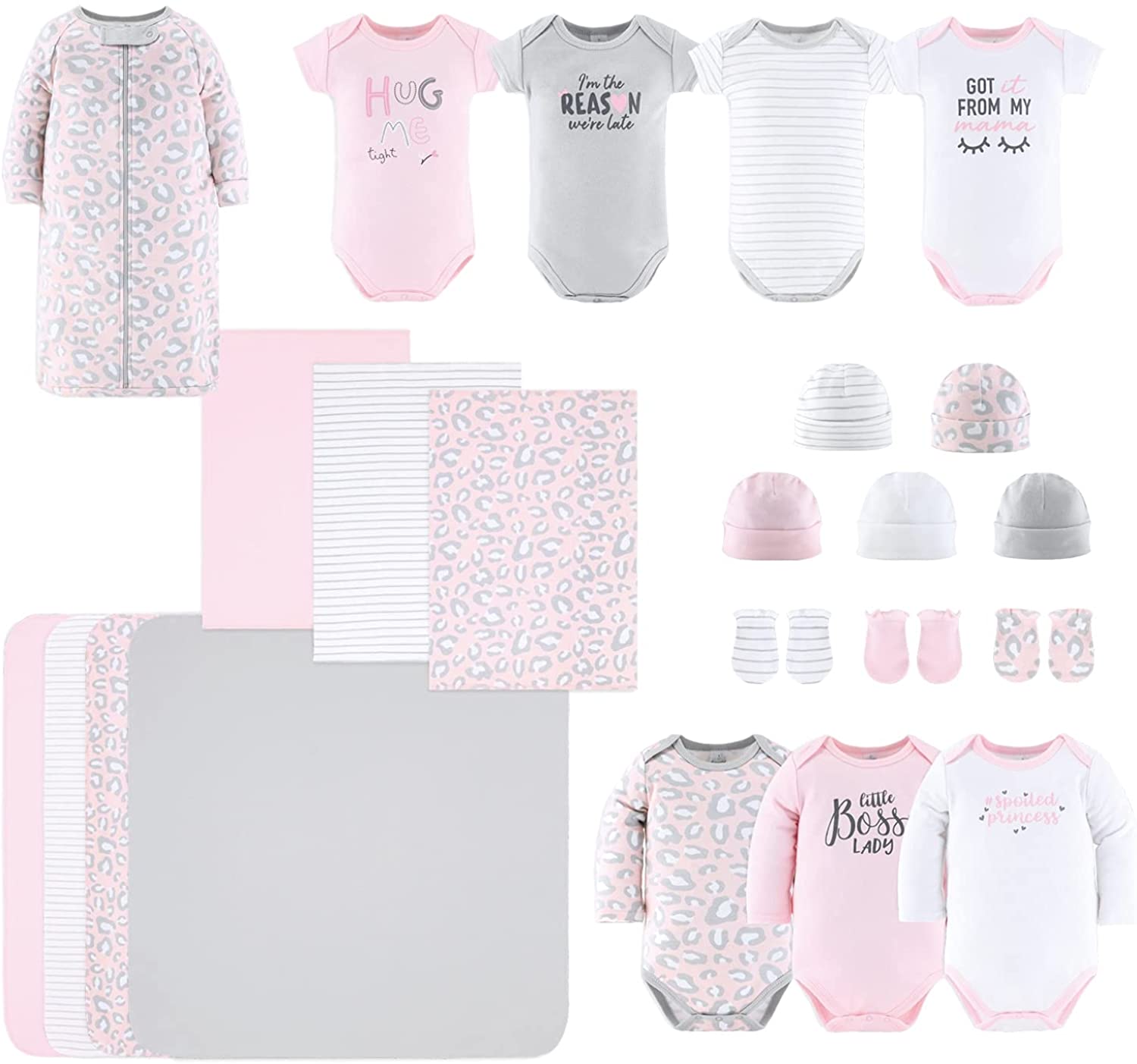The Peanutshell Newborn Layette Gift Set for Baby Girls | 23 Piece Newborn Girl Clothes & Accessories Set | Fits Newborns to 3 Months | Pink Cheetah Animal Print