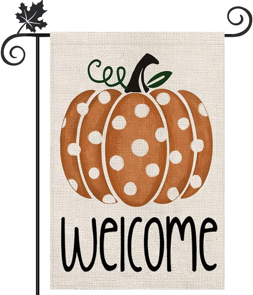 Fall Garden Pumpkin Flag Double Sided, Welcome Outdoor Decor 12.5 x 18 Inch, Yard Decorations for Home Outside Front Porch House Farmhouse, Buffalo Check Plaid Burlap Small Rustic Flag