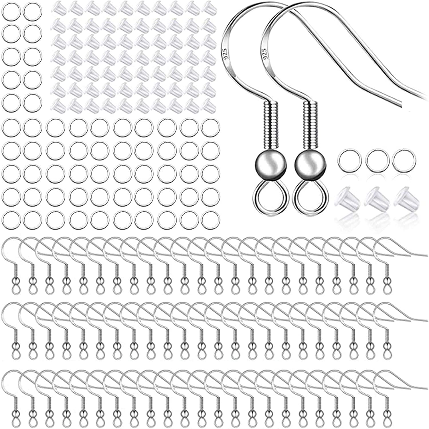 925 Sterling Silver Earring Hooks 150 PCS/75 Pairs,Ear Wires Fish Hooks,500pcs Hypoallergenic Earring Making kit with Jump Rings and Clear Silicone Earring Backs Stoppers (Silver)