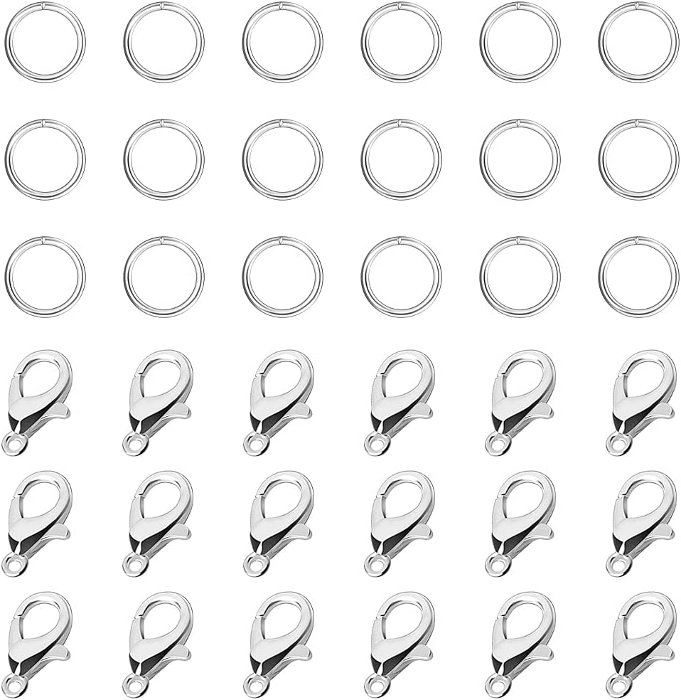 170PCS Silver Lobster Claw Clasps with Open Jump Rings Set Jewelry Clasps Lobster Claw Clasps for Jewelry Making Findings and Bracelets Jewelry Findings Kit(Silver,Clasp:12x6mm+Ring:0.7x5mm)
