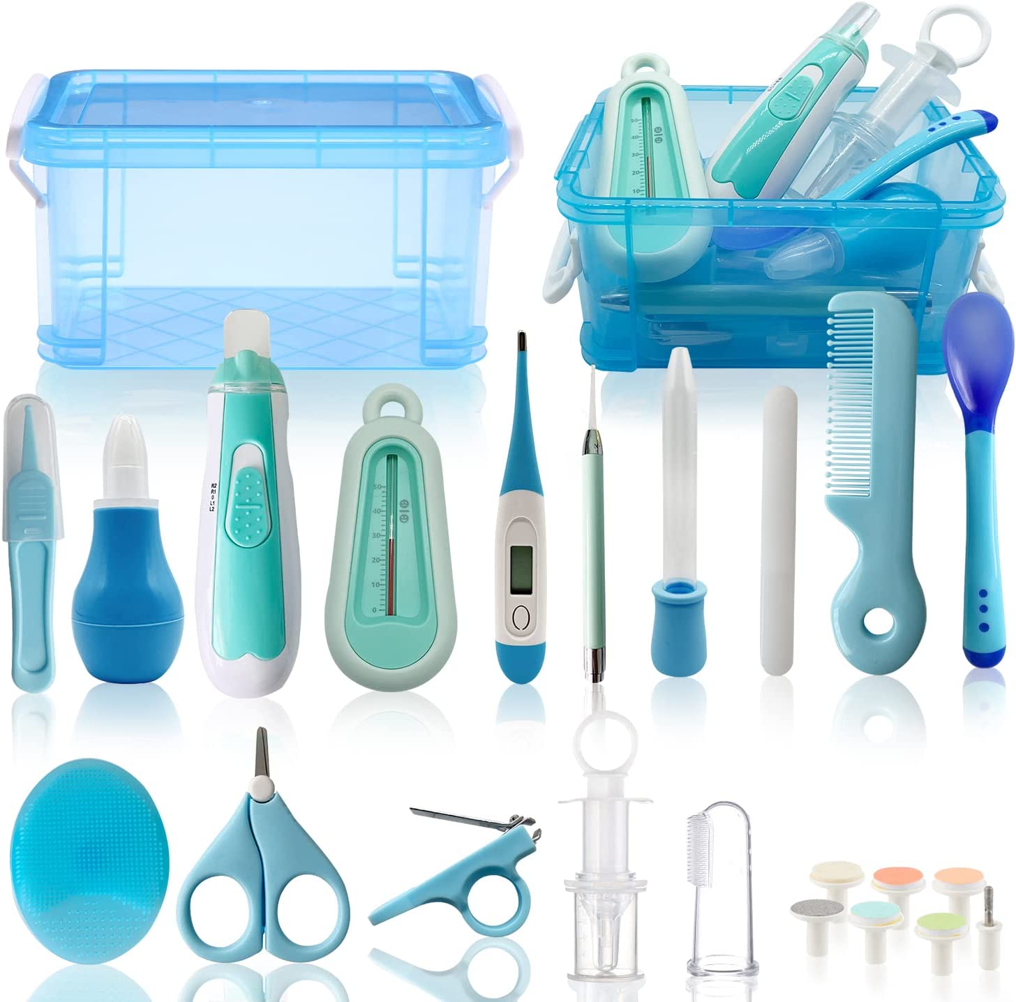 Baby Grooming Kit, 25 in 1 Baby Healthcare and Grooming Kit, Baby Electric Nail Trimmer Set Newborn Nursery Health Care Set for Baby Boys Girls Kids Haircut Tools (0-3 Years+) (Blue)