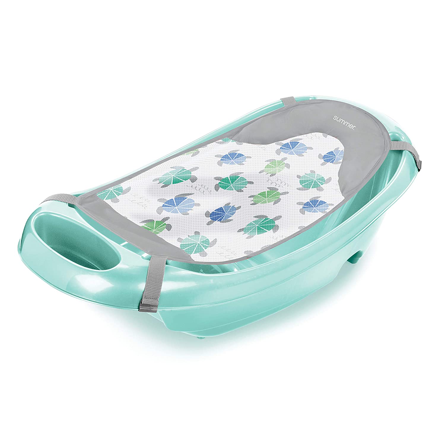Summer Splish 'n Splash Newborn to Toddler Tub (Aqua) - 3-Stage Tub for Newborns, Infants, and Toddlers - Includes Fabric Newborn Sling, Cushioned Support, Parent Assist Tray, and a Drain Plug