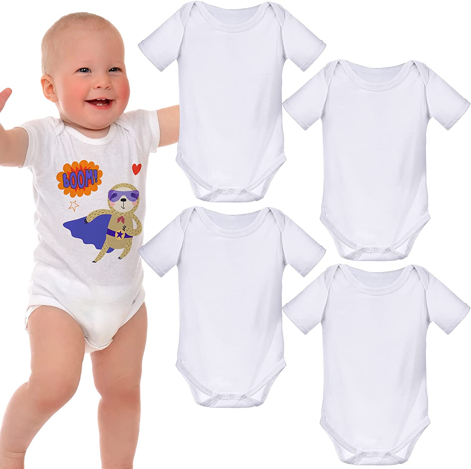 4 Pieces Baby Bodysuit Sublimation White Short Sleeve Shirt for Unisex Preemie Month Baby Boys Girls