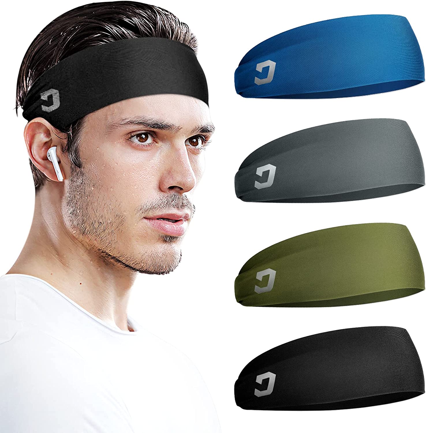 Vinsguir Headbands for Men (4 Pack)- Sweat Band, Sports Mens Headband, Workout Accessories, Sweat Wicking Head Band Sweatbands for Running Gym Training Tennis Basketball Football, Unisex Hairband