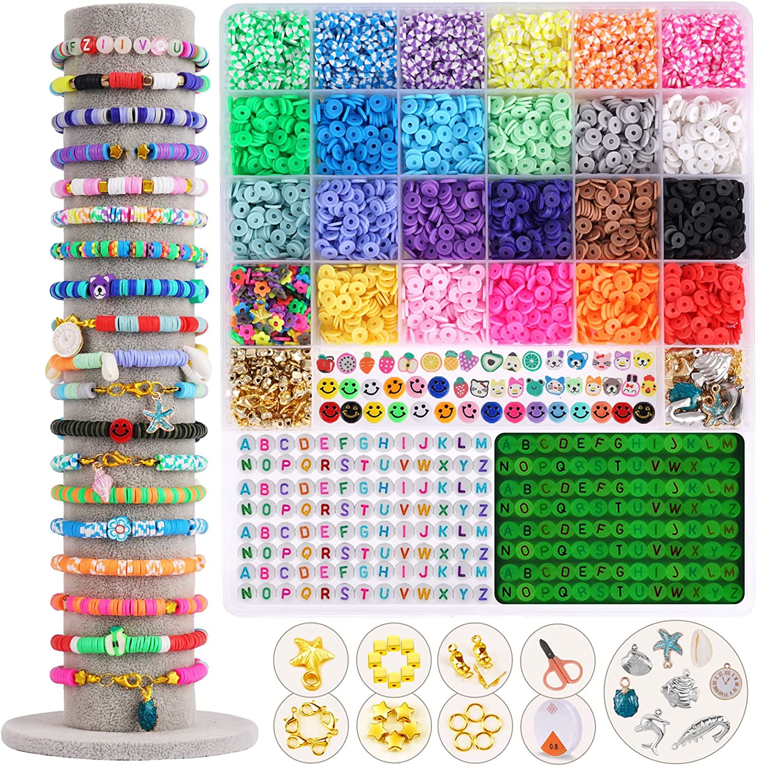 FZIIVQU Clay Heishi Beads Kit with Smiley Face Beads for Bracelets Making 5280+ Polymer Preppy Flat Clay Beads for Jewelry Making Set Lnclude UV Letter Beads & Fruit Animal Gold Star Spacer Beads etc