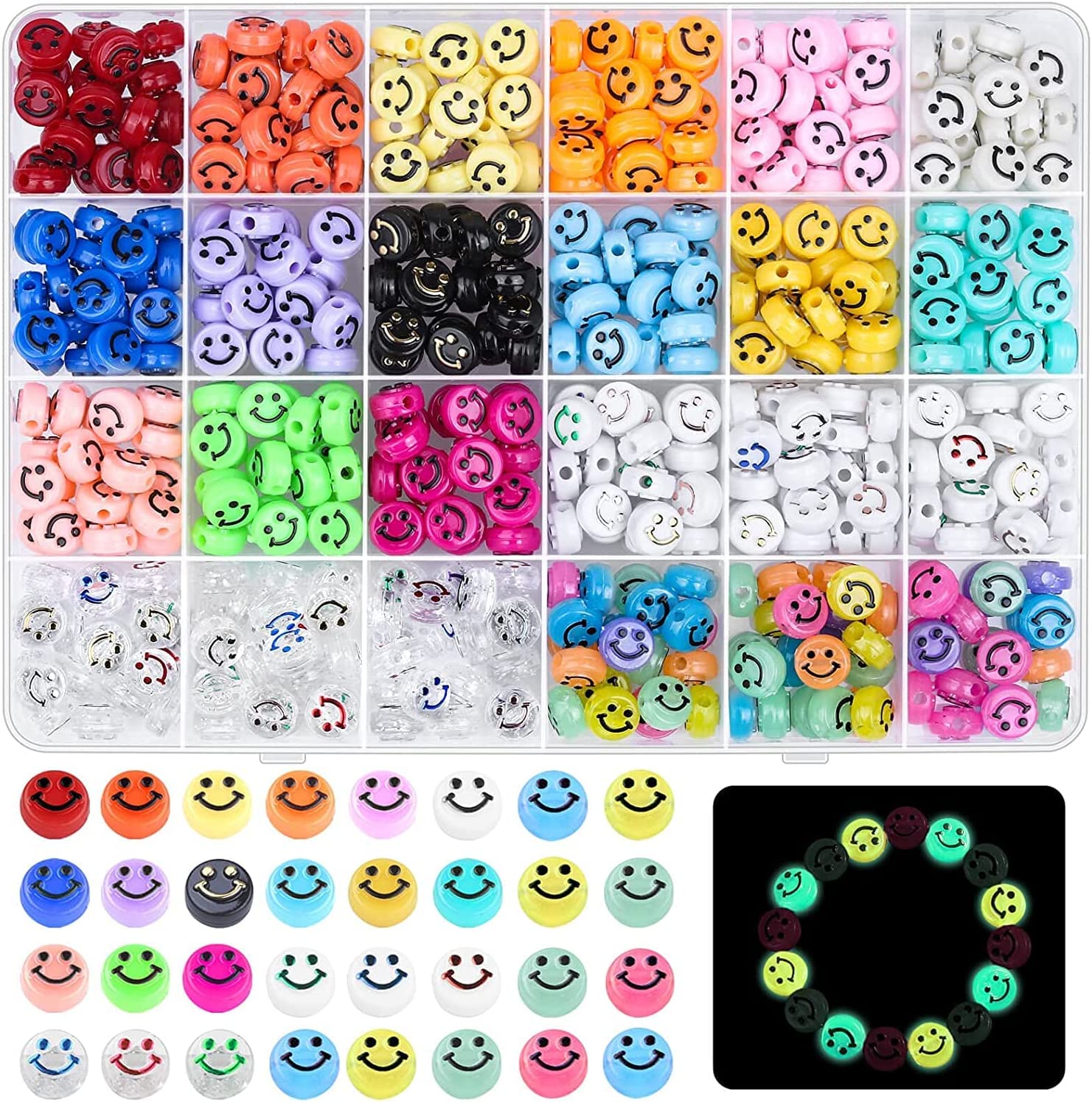480Pcs 37 Colors Smiley Face Beads, Acrylic Happy Beads Colorful Charms with 60Pcs Glowing Luminous Mixed for Christmas Gift Jewelry Making Bracelet Earring Necklace DIY Craft Supplies
