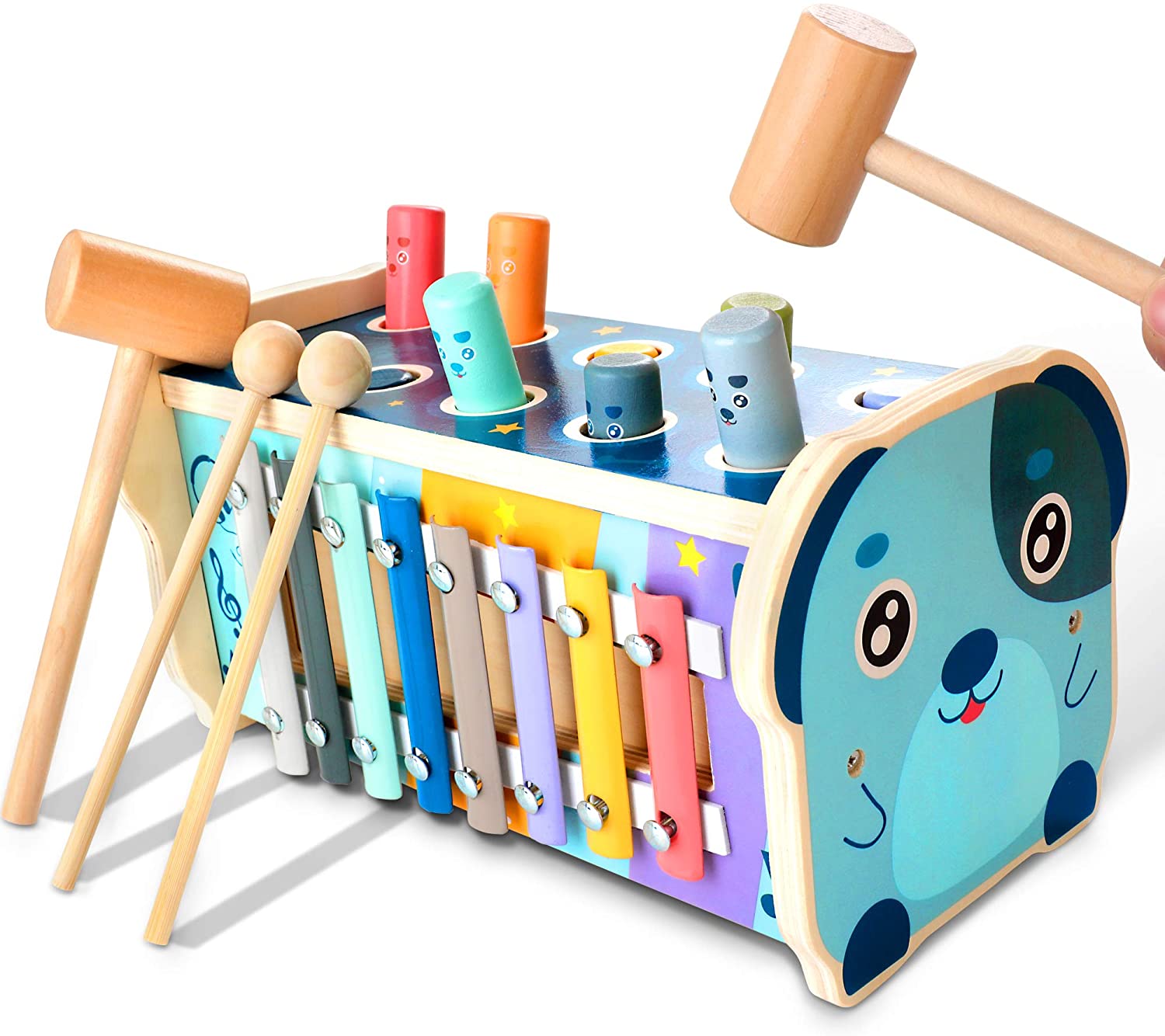 KIDWILL 3-in-1 Wooden Hammering Pounding Toy, Montessori Early Development Toy with Pounding Bench, Number Sorting Maze, Xylophone, Birthday Gift for 1 2 3 4 Year Old Baby Kids