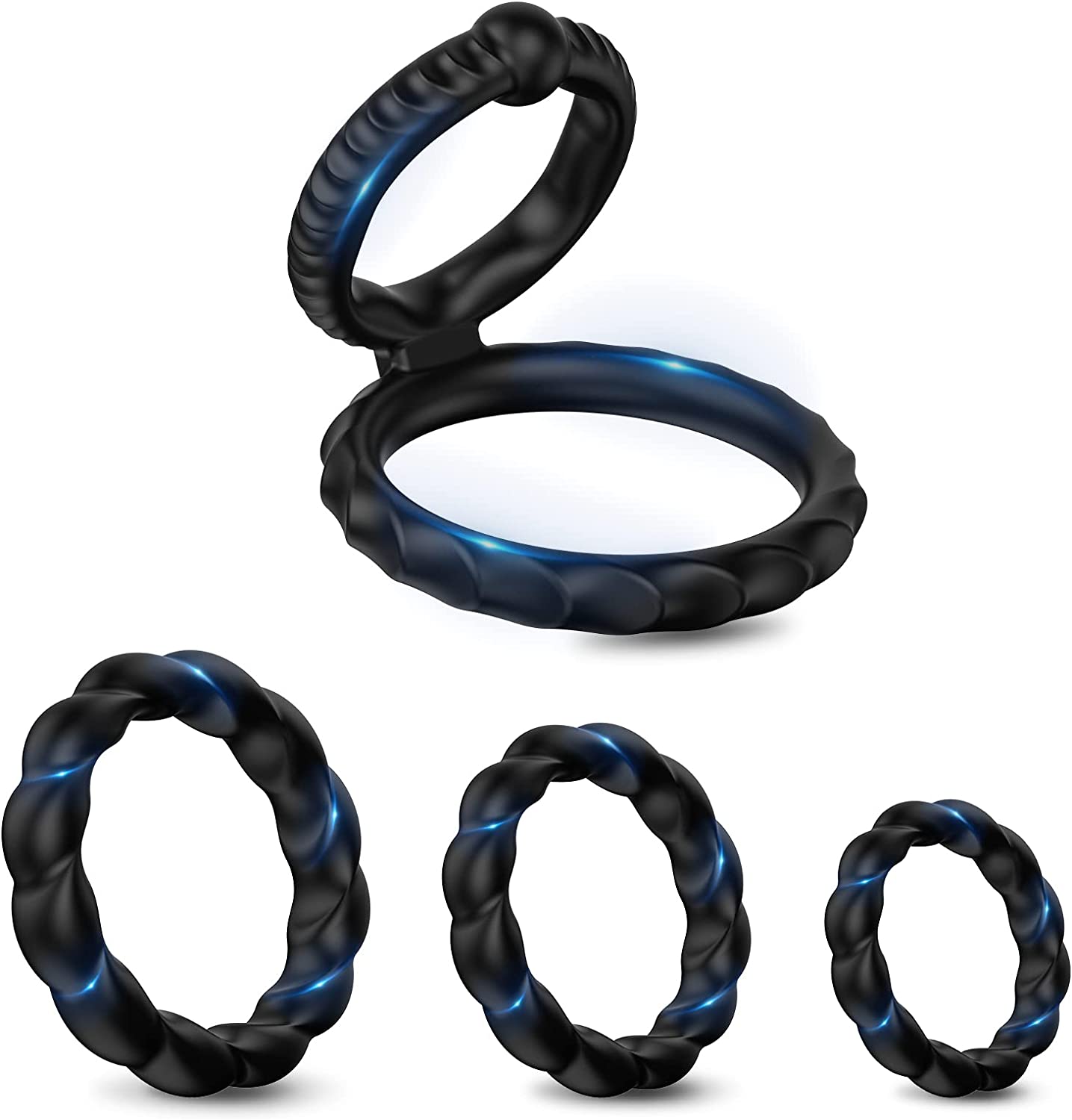 Dovelo Silicone Penis Rings 4 Piece Set, 3 Individual Ring Penis Rings in Different Sizes, 1 Dual Ring, Men's Advanced Training Penis Ring