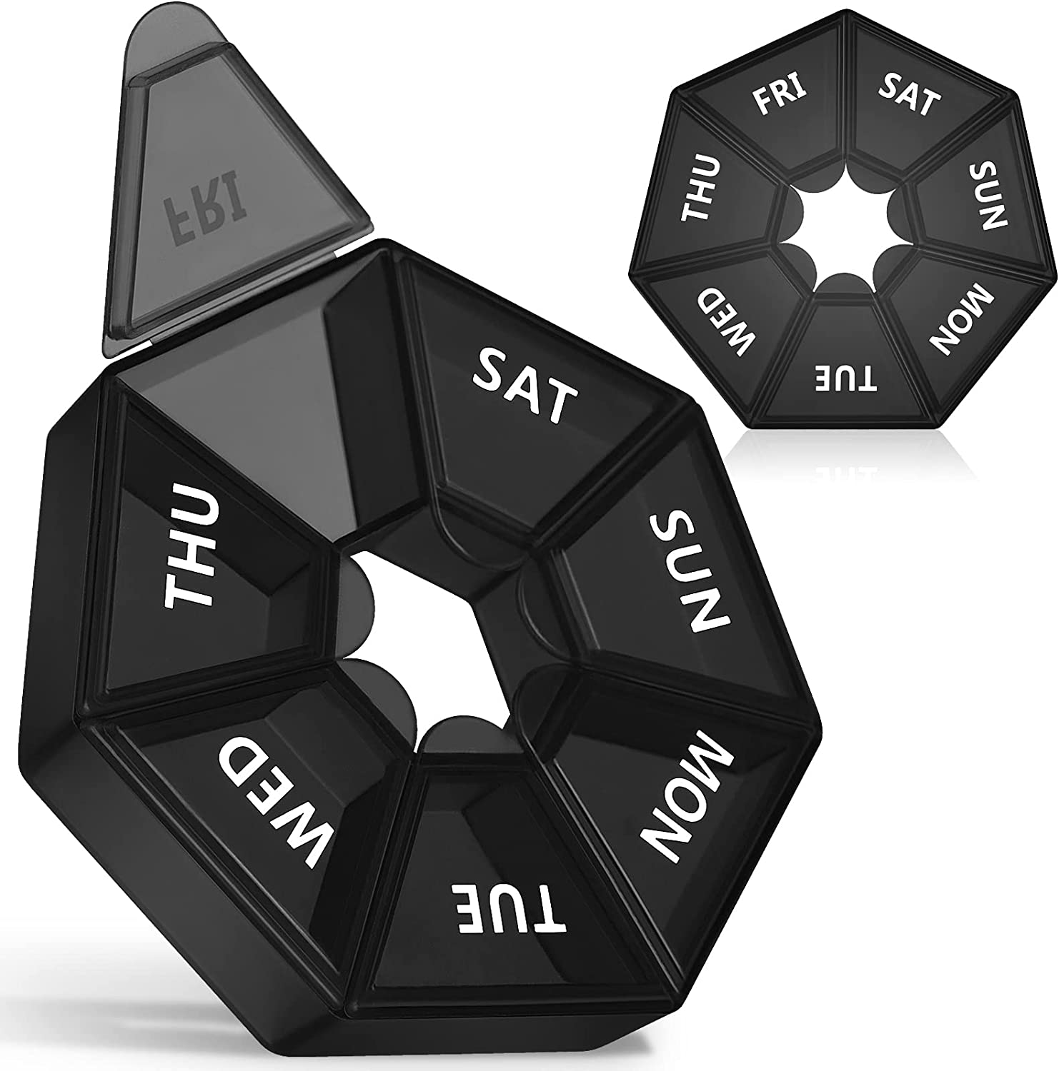 Weekly Pill Organizer, 2 Pack Portable Travel Pill Box Dispenser Medicine case 6 Colors (Seven Day) New Edition for Vitamin/Fish Oil/Pills/Supplements-Arthritis Friendly (Black)