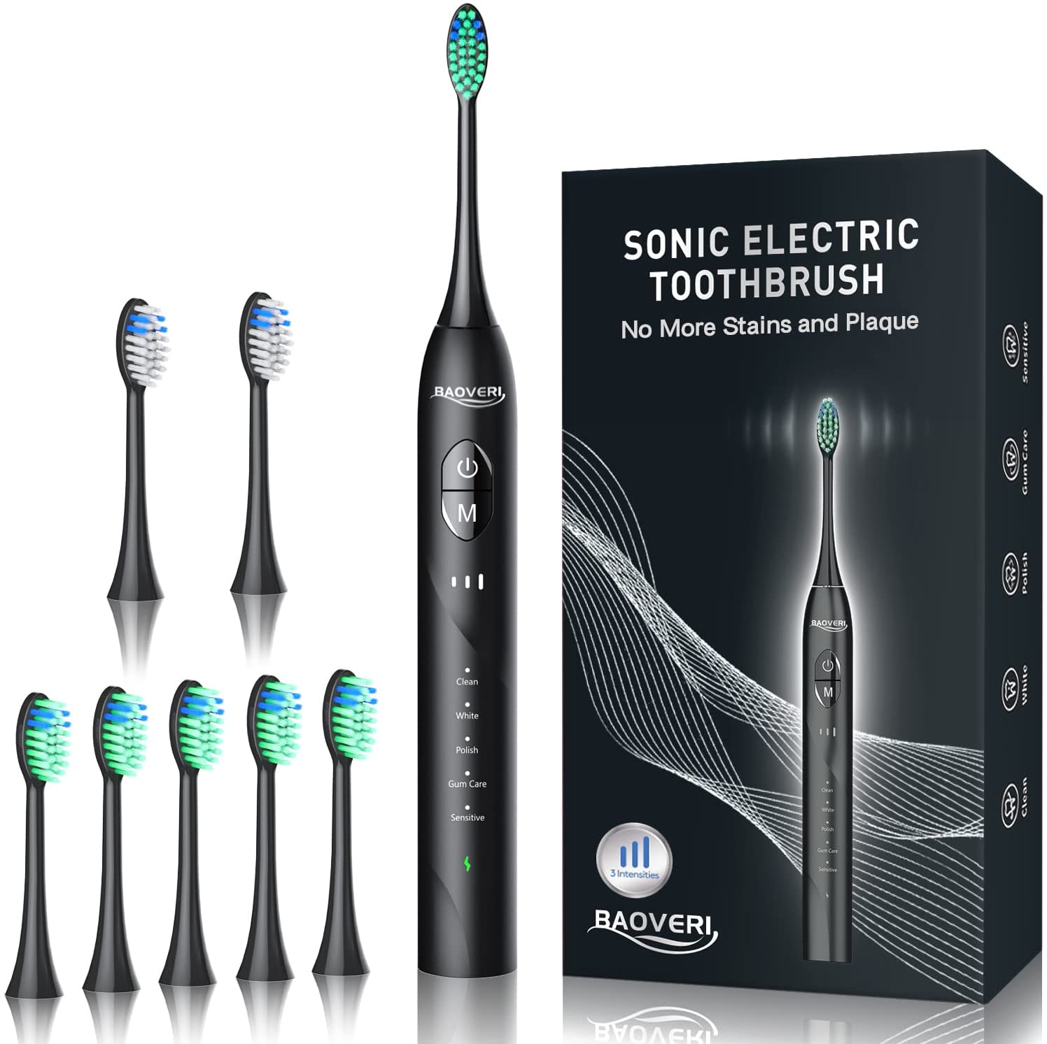 Sonic Electric Toothbrush with 8 Brush Heads for Adults, Rechargeable Electric Power Toothbrushes, 5 Modes, 3 Intensity Levels, 2 Minutes Smart Timer, 4 Hours Fast Charge for 60 Days