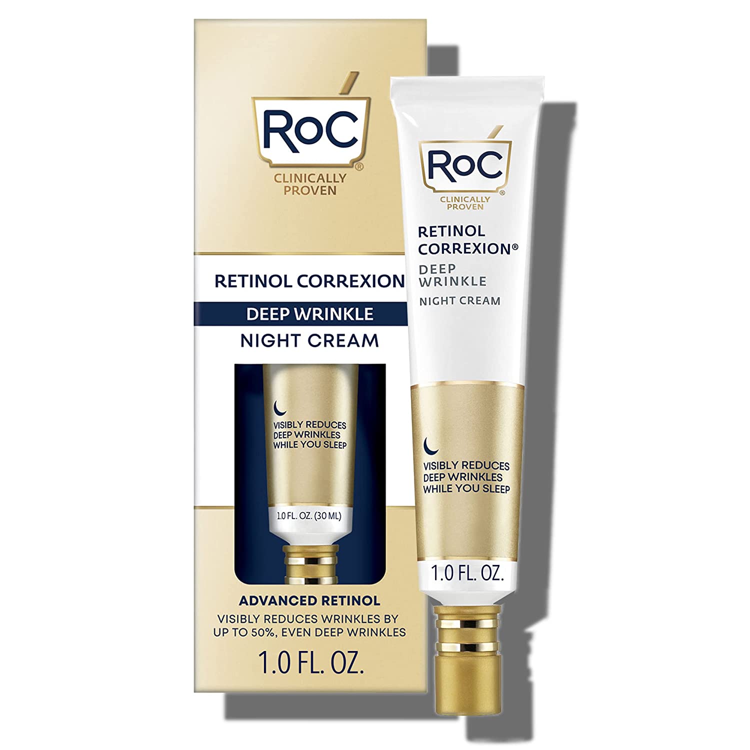 RoC Retinol Correxion Deep Wrinkle Anti-Aging Night Cream, Daily Face Moisturizer with Shea Butter, Glycolic Acid and Squalane, Skin Care Treatment, 1 Ounce (Packaging May Vary)