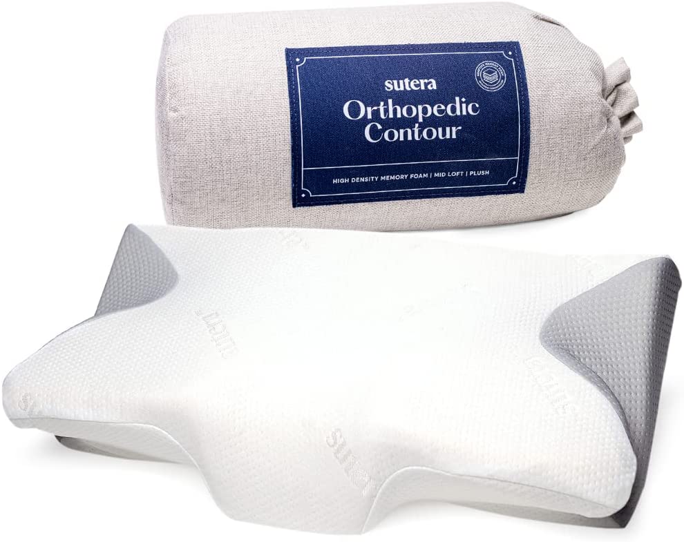 SUTERA - Contour Memory Foam Pillow for Sleeping, Orthopedic Cervical Support for Neck, Shoulder and Back Pain Relief, Ergonomic Pillow for Side, Back and Stomach Sleepers, Washable Cover - White +Bag