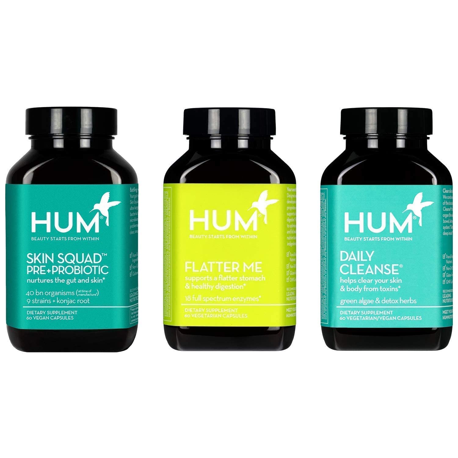 HUM Clear Skin & Body Detox Support Supplement Set with Daily Cleanse Skin Supplement, Flatter Me Digestive Enzymes and Skin Squad Pre+Probiotic (3 Products, 60 Vegan Capsules Each)