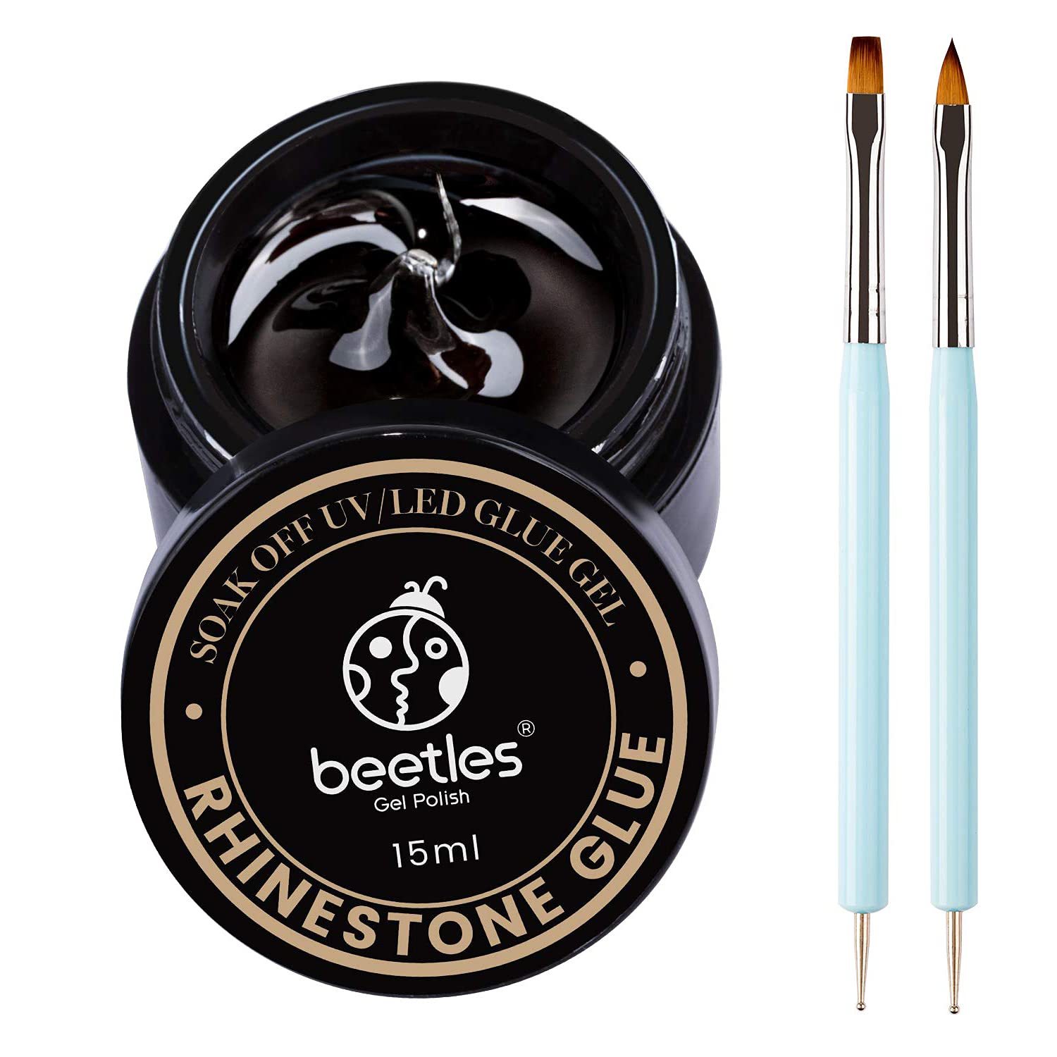 Beetles 15ml Nail Art Rhinestone Glue Gel Soak Off Gel Clear No Wipe Adhesive Resin Gems Diamonds Jewelry Gel Nail Polish Decoration with 2 Dual-Purpose Brush Pen