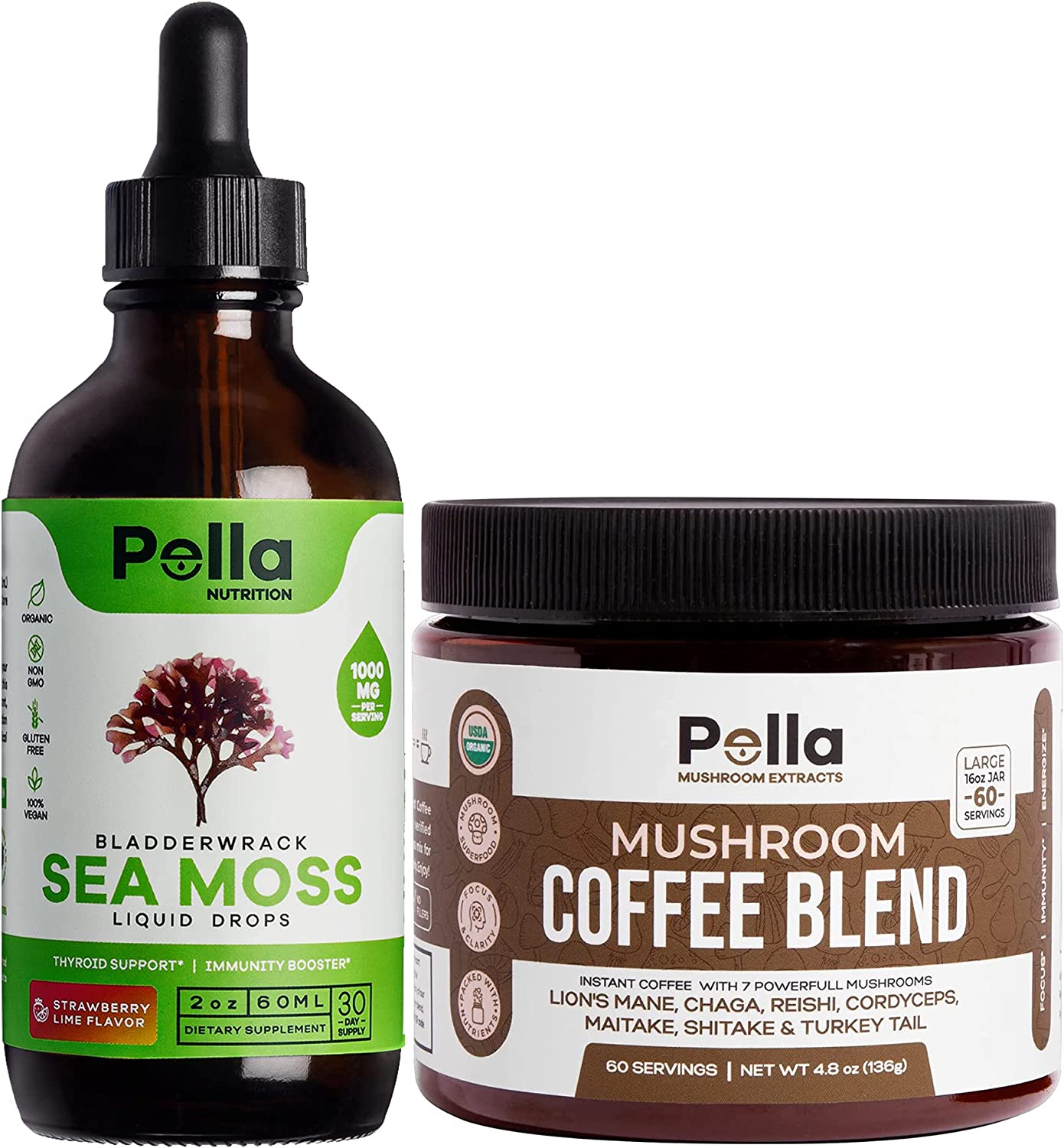 PELLA NUTRITION Sea Moss Organic Liquid Drops 1000mg | Organic Coffee Mushroom 60 Servings| Bundle