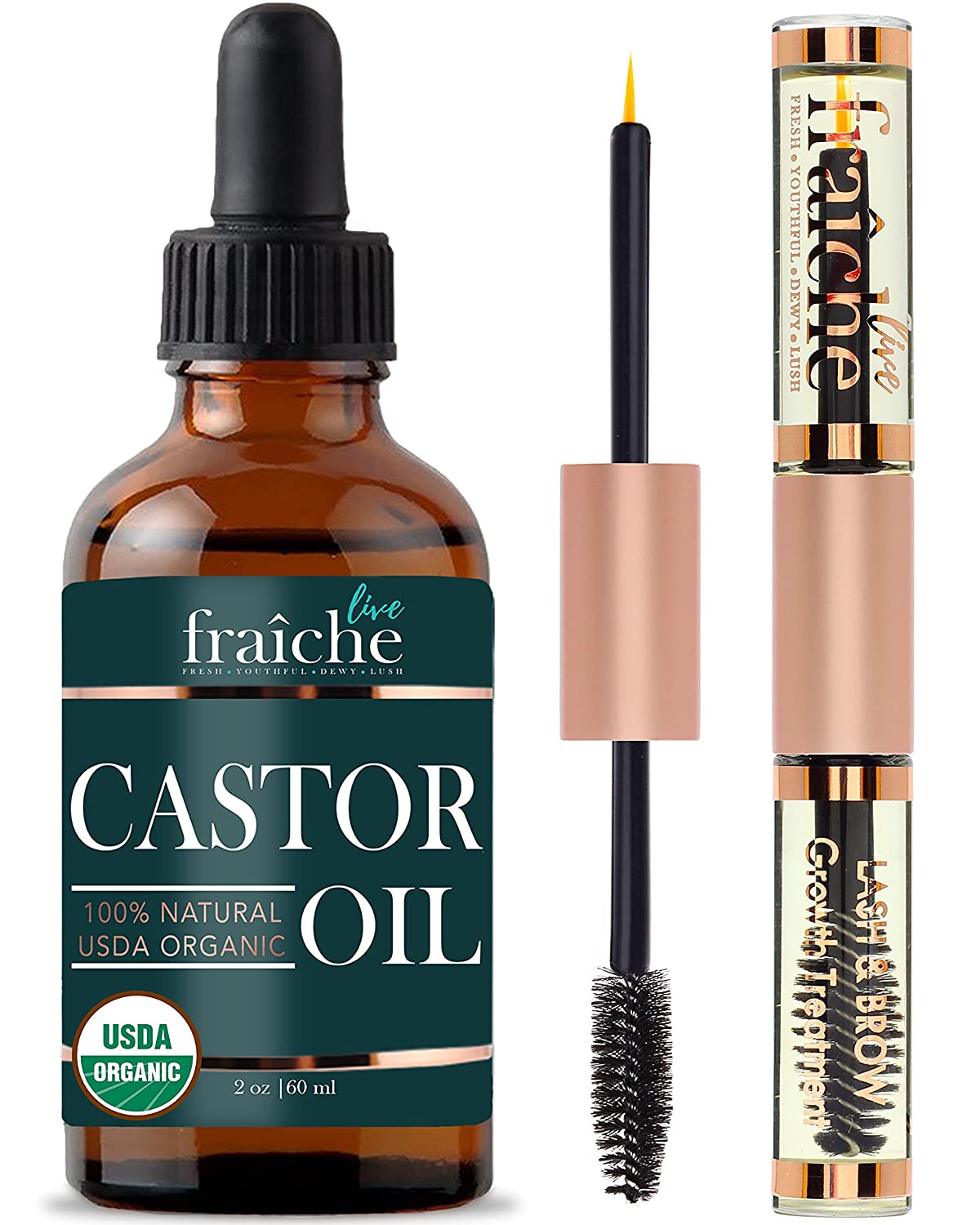 Castor Oil (2oz) + Filled Mascara Tube USDA Certified Organic, 100% Pure, Cold Pressed, Hexane Free by Live Fraiche. Stimulate Growth for Eyelashes, Eyebrows, Hair. Lash Growth Serum. Brow Treatment
