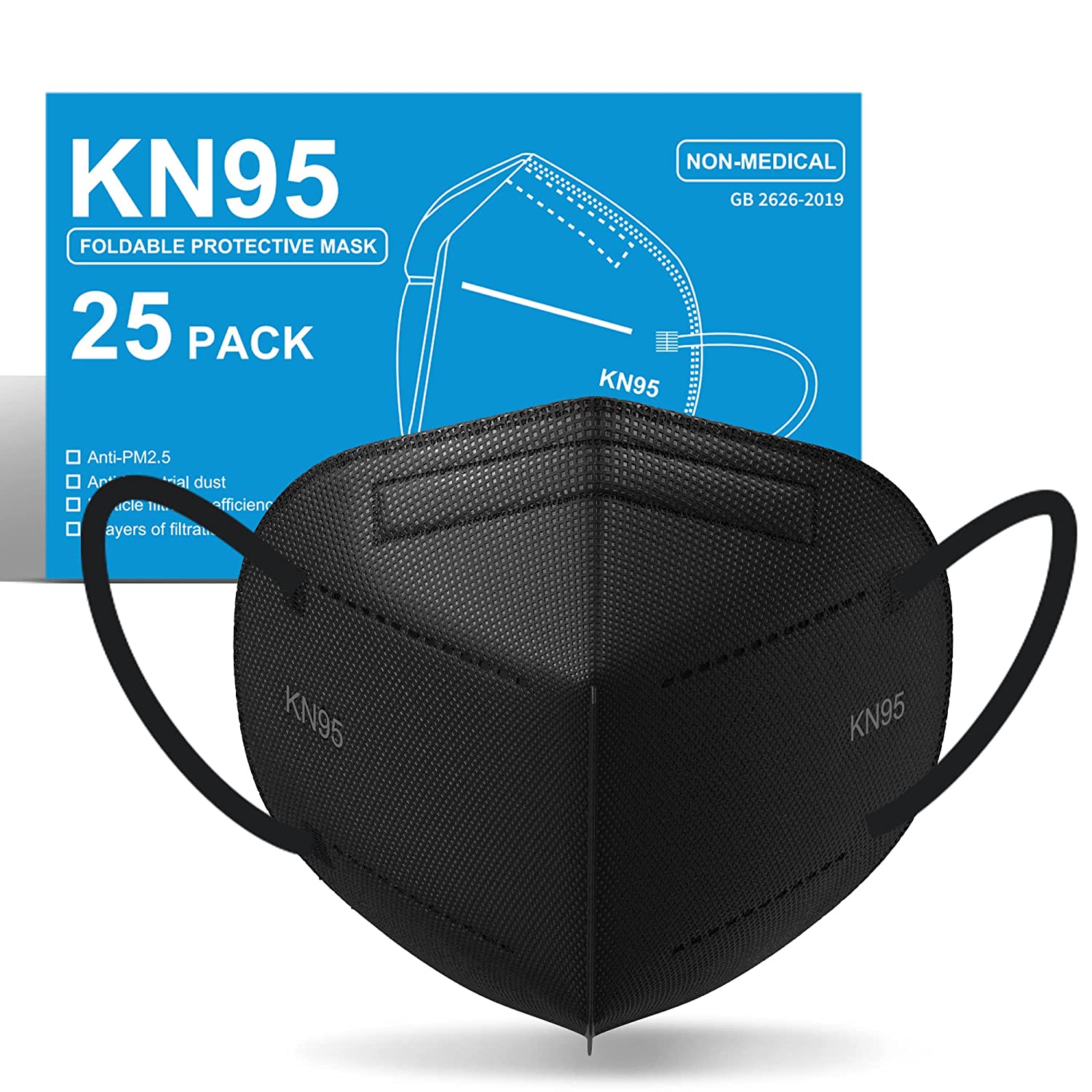 Funight KN95 Face Masks 25 Pack 5-Ply Breathable Filter Disposable Face Masks Black