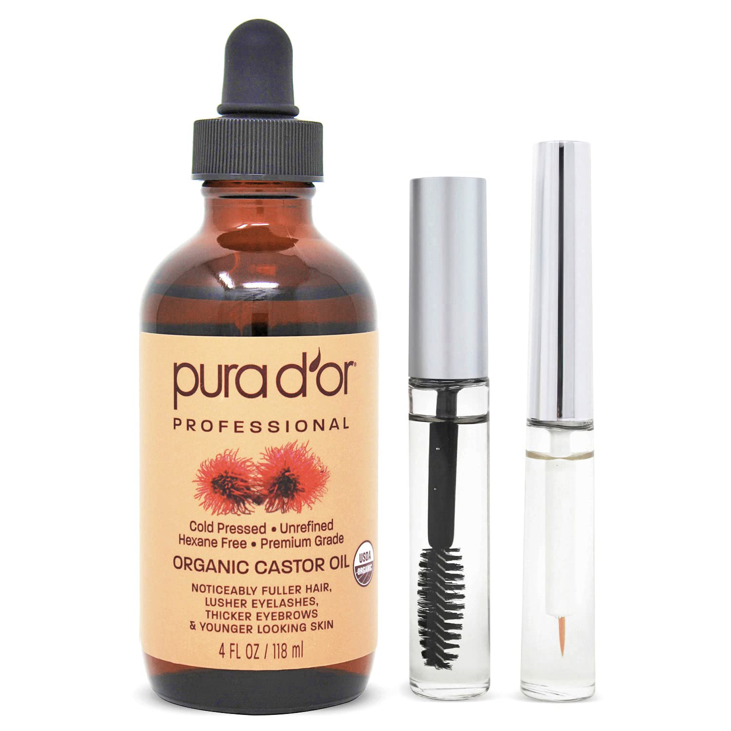 PURA D'OR Organic Castor Oil (4oz + 2 BONUS Pre-Filled Eyelash & Eyebrow Brushes) 100% Pure, Cold Pressed, Hexane Free Growth Serum For Fuller, Thicker Lashes & Brows, Moisturizes & Cleanses Skin